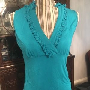 Teal Ruffled V-neck Knit Jersey Top